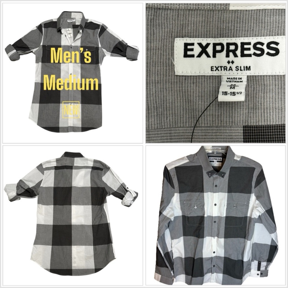 Men’s Express Medium Button Front Shirt Buffalo Plaid Square Black Gray Western